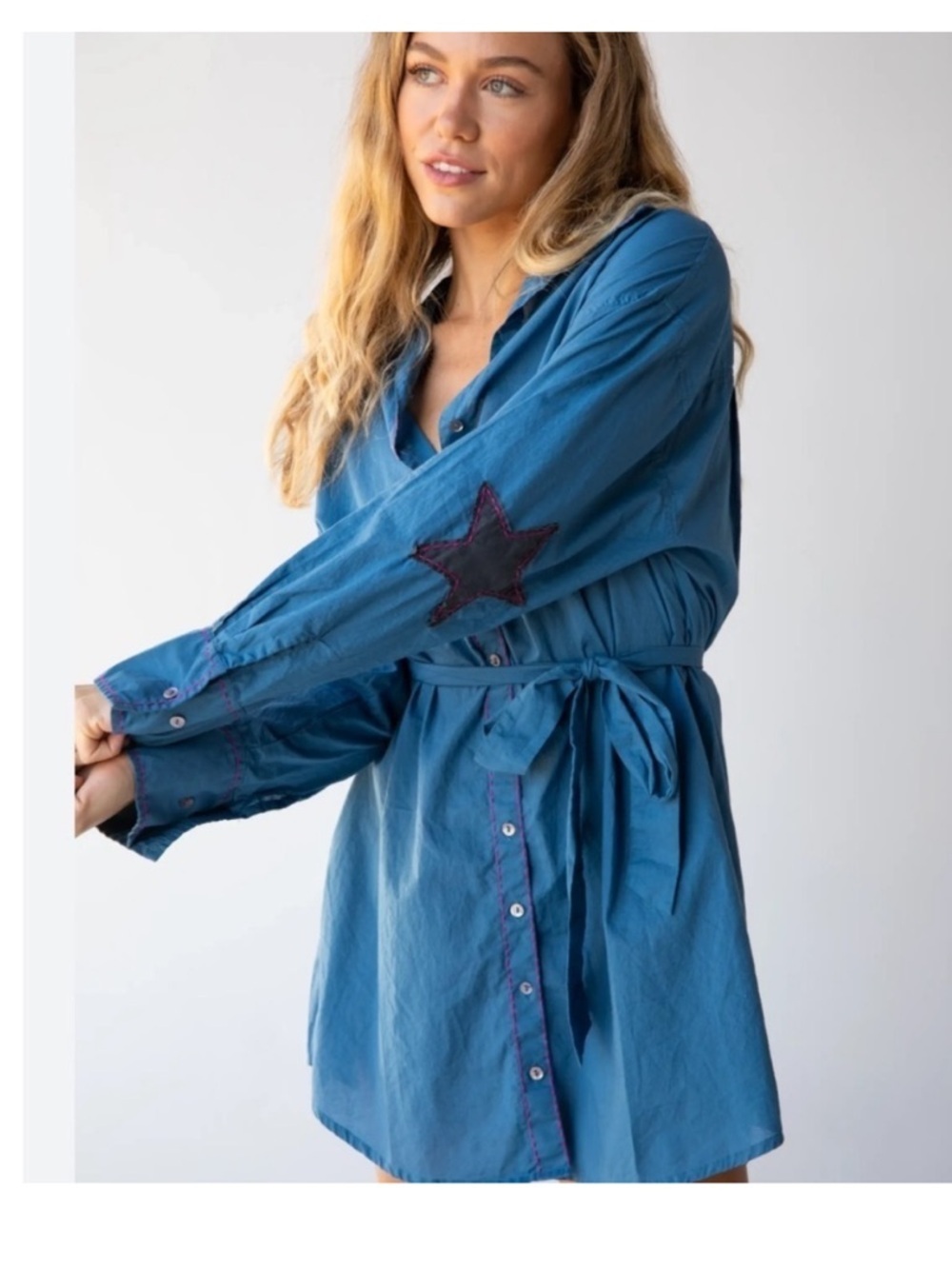 NATURAL LIFE Lesli Shirt Dress Dark Turquoise Star Elbow Patch Belt XS/S